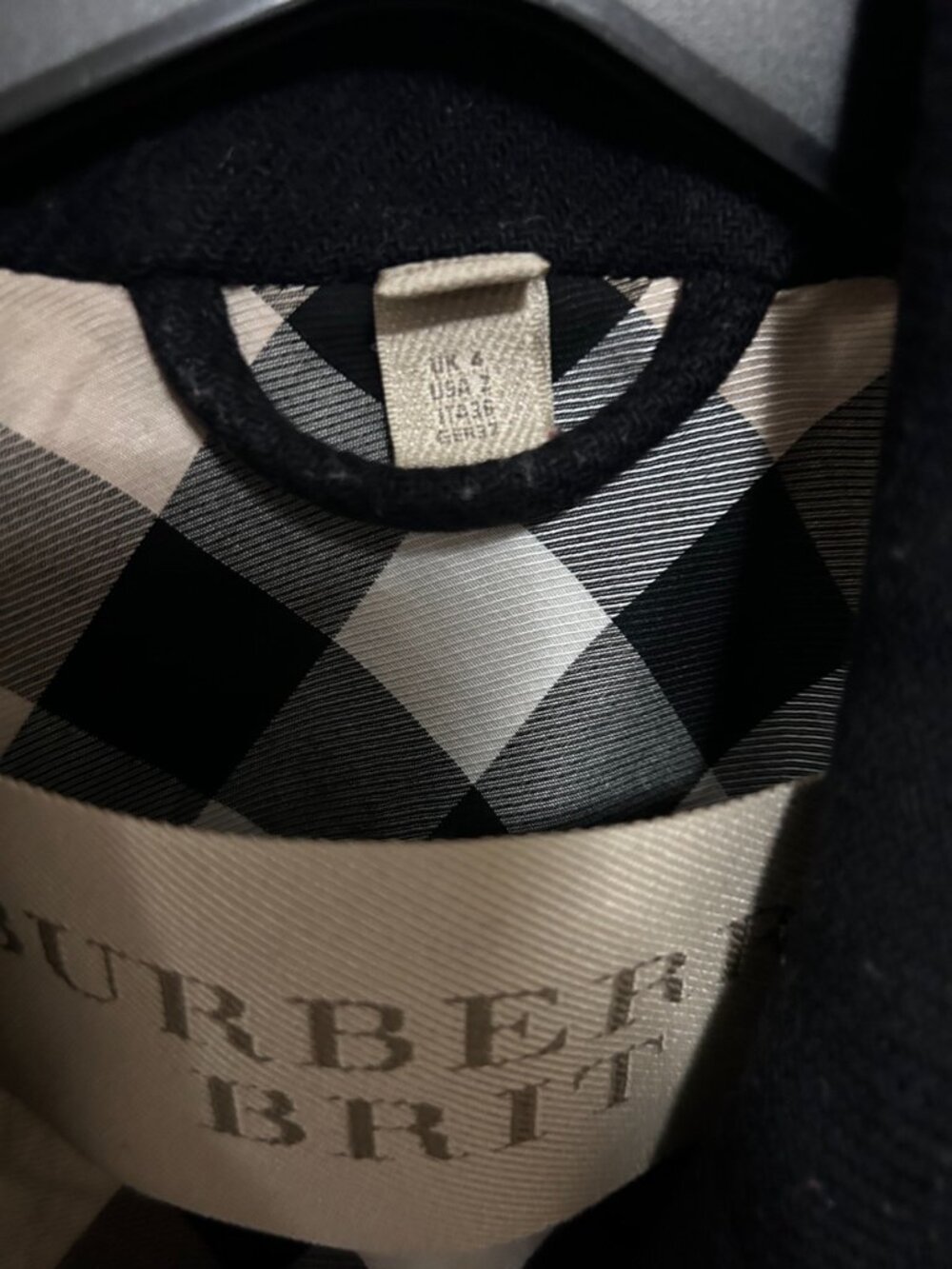 Burberry Brit Black Double Breasted Wool Peacoat Nova Check Lining Women's 2